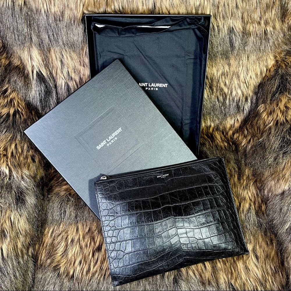 SAINT LAURENT Calfskin Crocodile Embossed medium Pouch Black